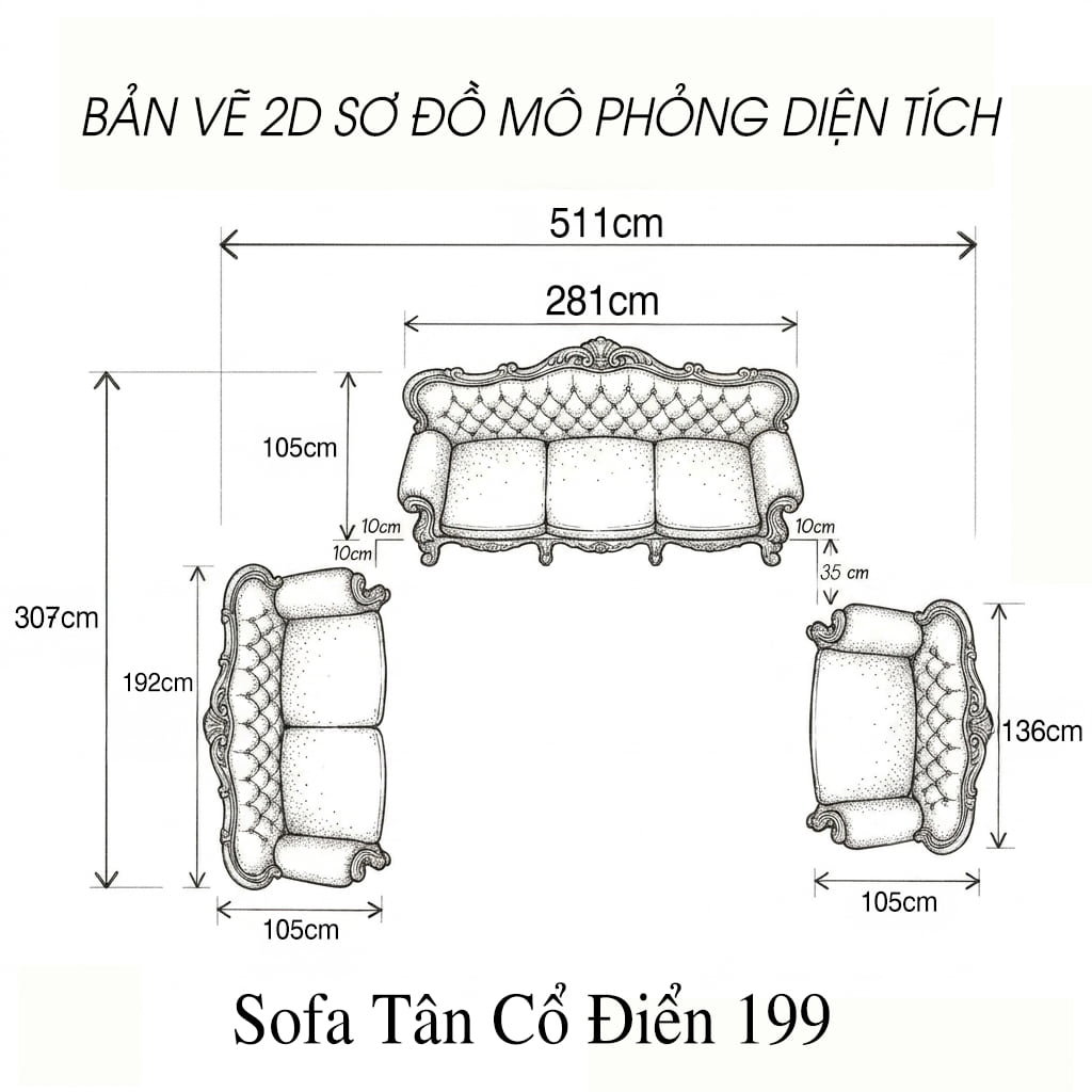 bản vẽ 2d sơ đồ mô phỏng diện tích mẫu sofa 199