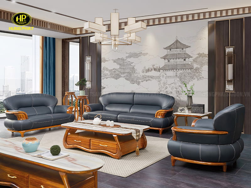 ghế sofa da bò ý gỗ mun hiện đại sang trọng
