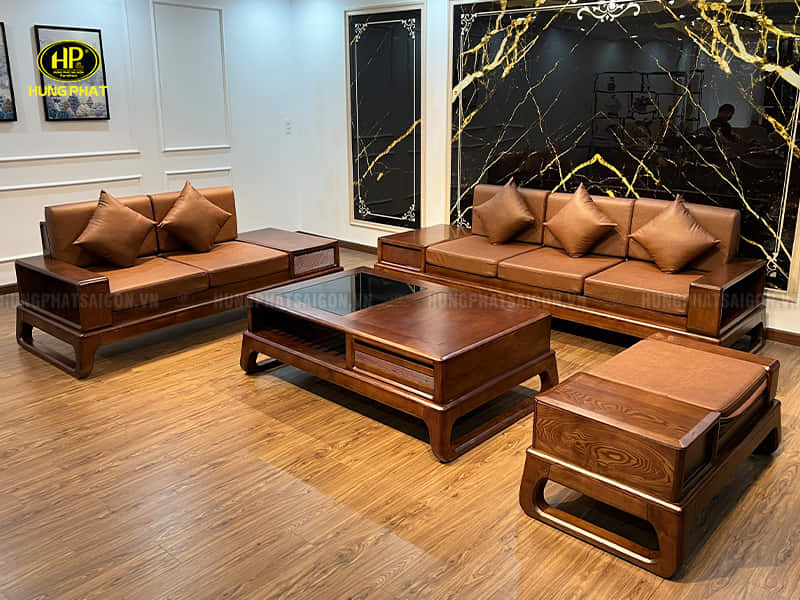 sofa gỗ sồi sơn màu óc chó hs-43a