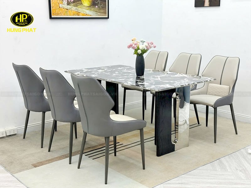 bàn ăn chân inox mặt đá tnm-11