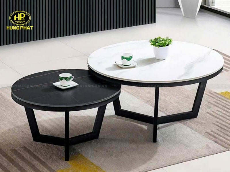 bàn sofa tròn đôi mặt đá đen trắng bt-a012