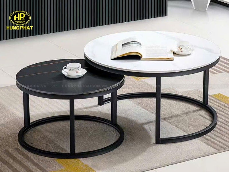 bàn trà đôi mặt đá 2 màu trắng đen bt-a013-1