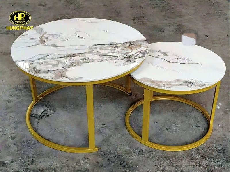bàn trà sofa tròn mặt đá đôi chân mạ vàng sy066