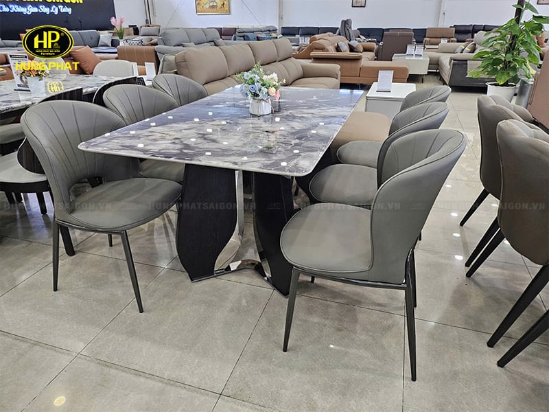 bộ bàn ghế ăn 6 người phòng bếp mặt đá vi tinh thể ba-60