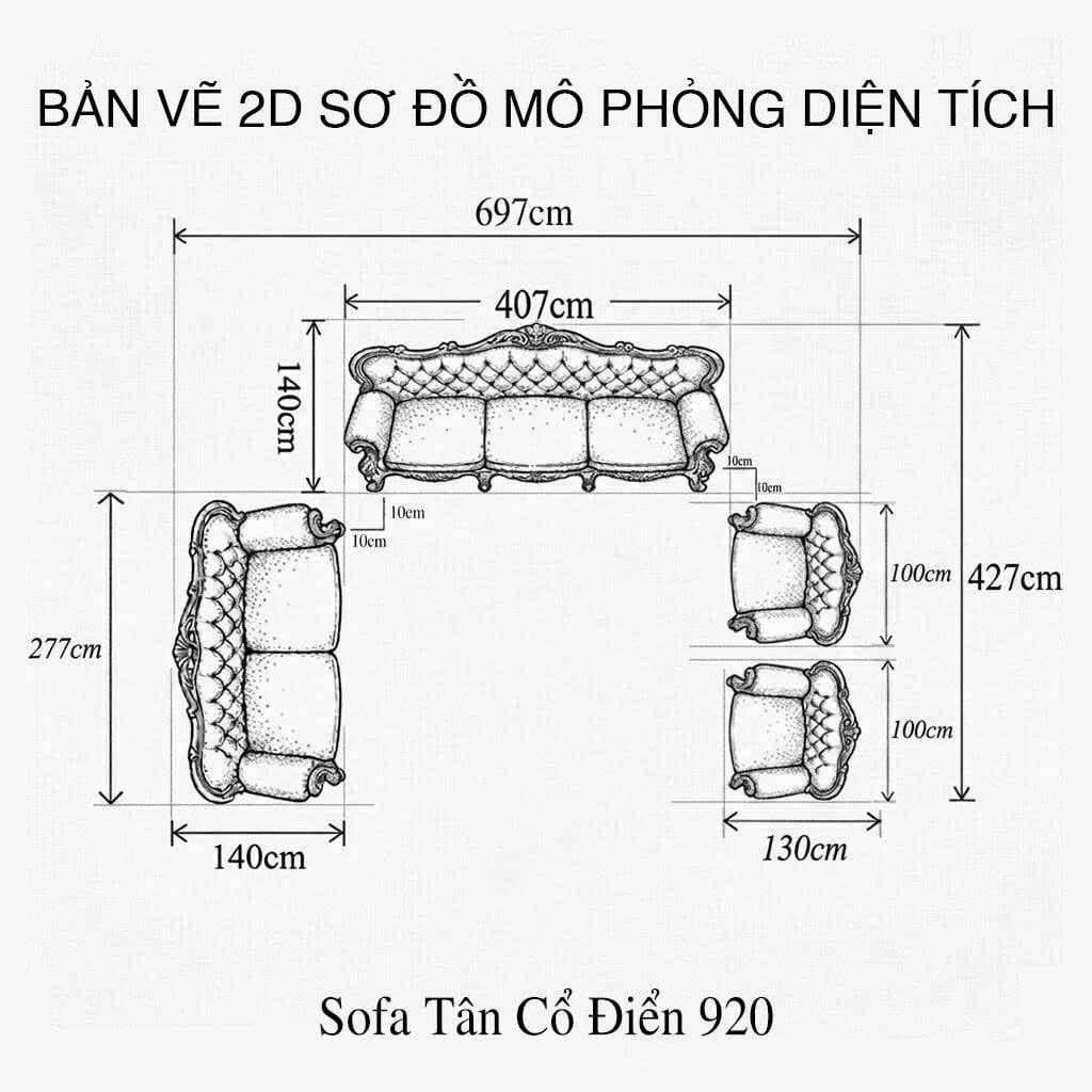 bản vẽ 2d sơ đồ mô phỏng diện dích bộ sofa tân cổ điển 920