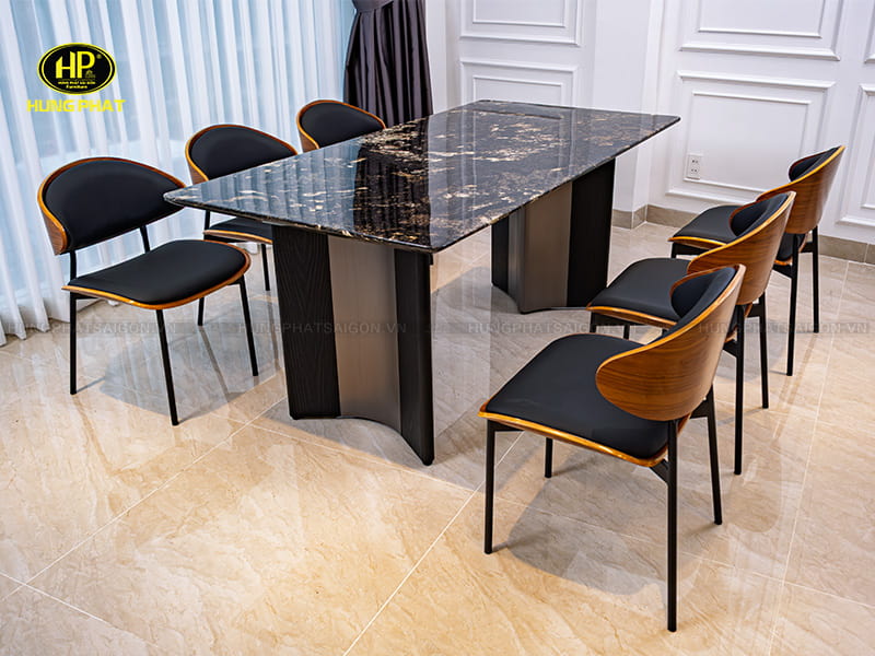 bộ bàn ăn 6 ghế khung inox mặt đá tự nhiên ba-hlt24-1172