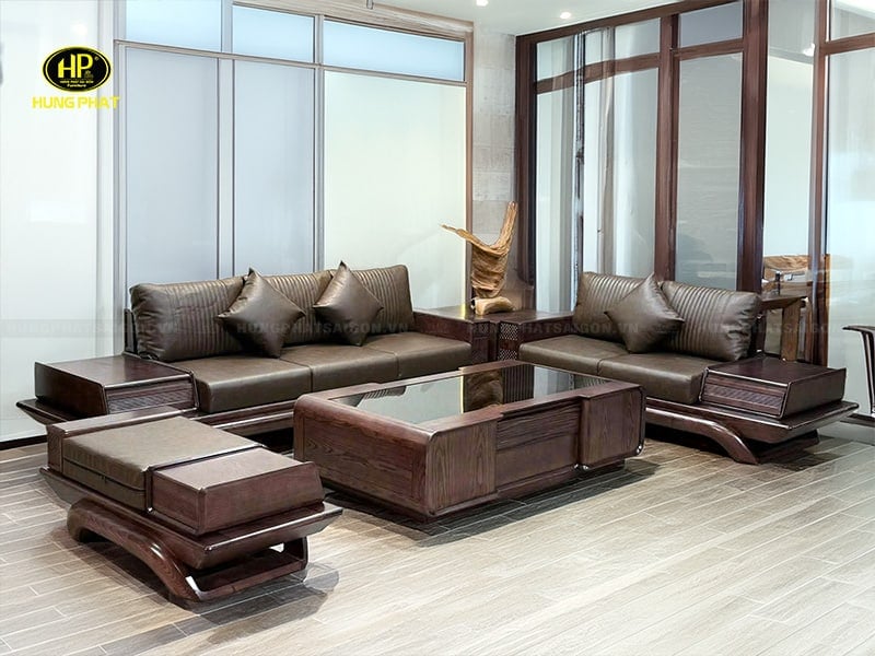 bộ ghế sofa gỗ sồi nga bọc da công nghệ hs-46