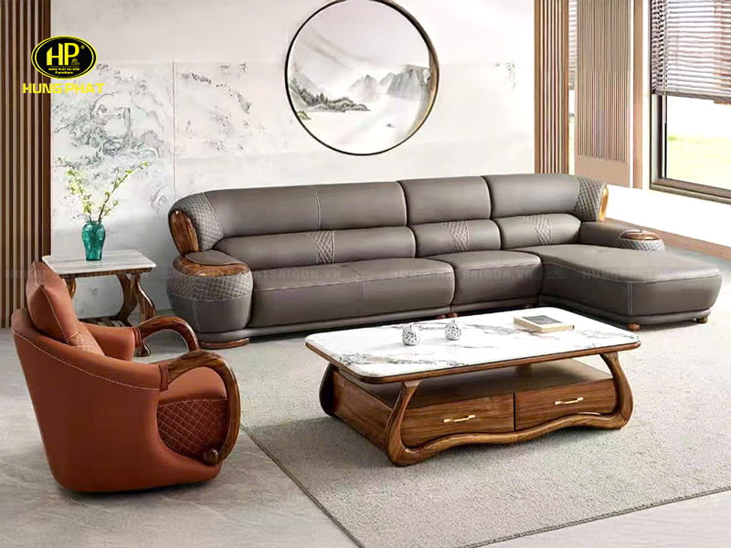sofa khung gỗ mun bọc da bò ý wj-191
