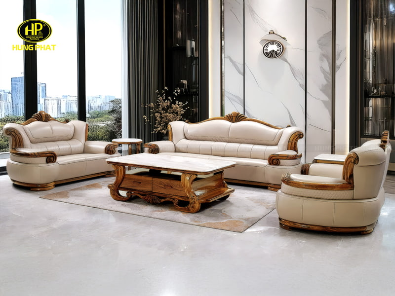 bộ ghế sofa gỗ mun 1+2+3 da bò nhập khảu d190