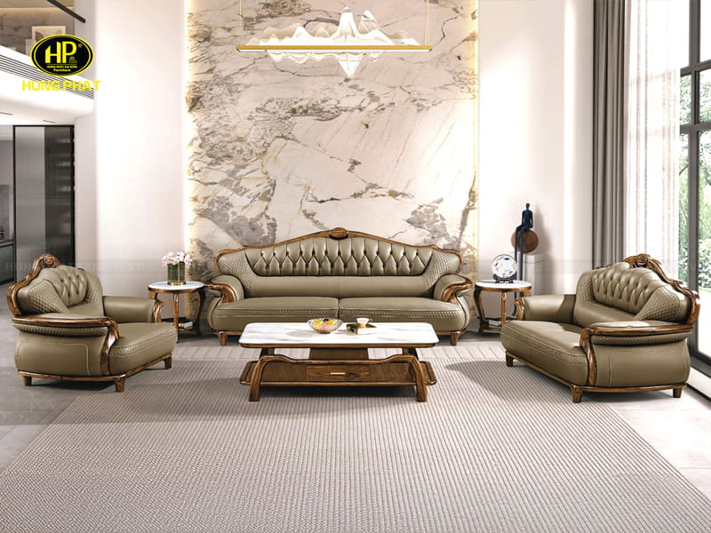 bộ ghế sofa gỗ mun 1+2+3 bọc da bò wj-272