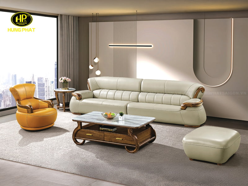 bộ sofa viền gỗ mun da bò sang trọng d208