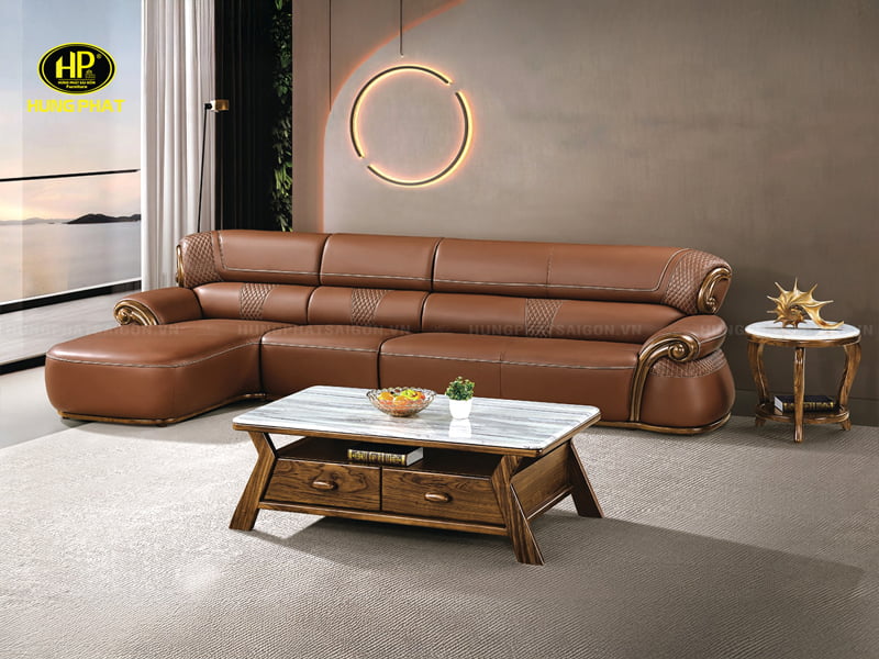 sofa viền gỗ mun da bò tiếp xúc d217
