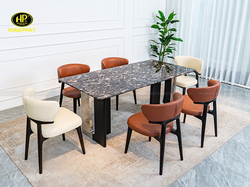 bàn ăn chân thép mặt đá cẩm thạch hy6912