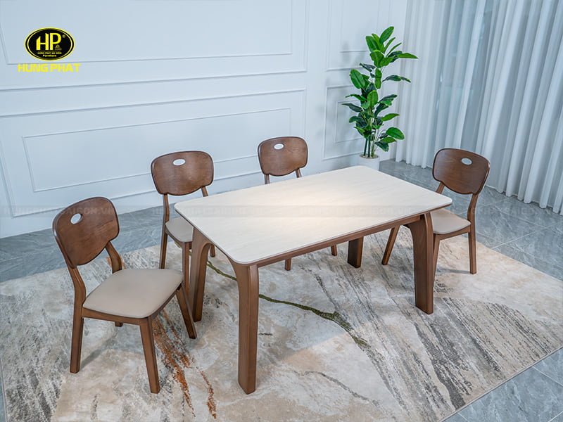 bàn ăn chữ nhật chân gỗ mặt đá l119