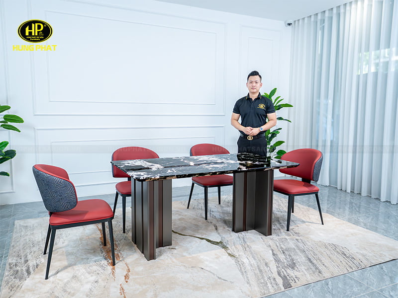 bàn ăn mặt đá chân thép không gỉ hy6974