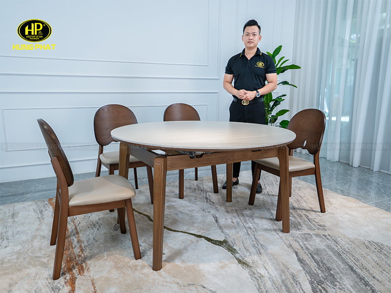 bàn ăn tròn mở rộng thông minh mặt đá khung gỗ t-831