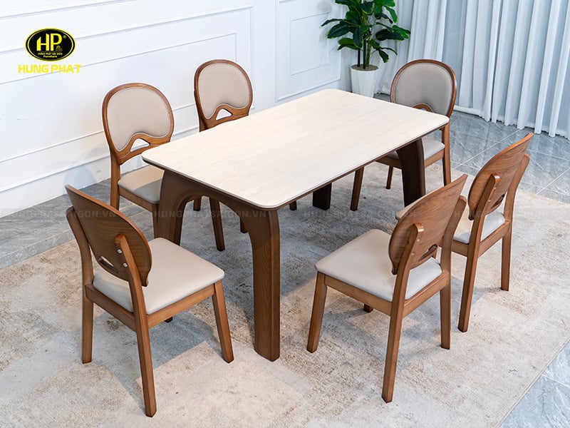 bộ bàn ăn chữ nhật chân gỗ mặt bàn đá l119 ga-991