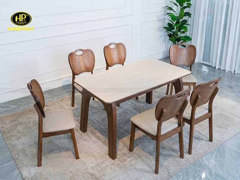 bộ bàn ăn chữ nhật chân gỗ mặt bàn đá l119