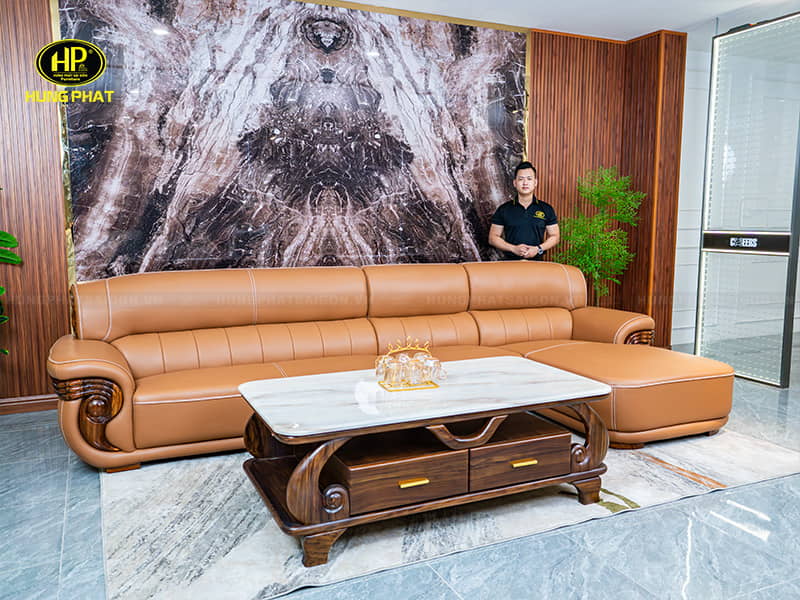 hình thực tế bộ sofa góc l da bò tiếp xúc viền gỗ mun 2218