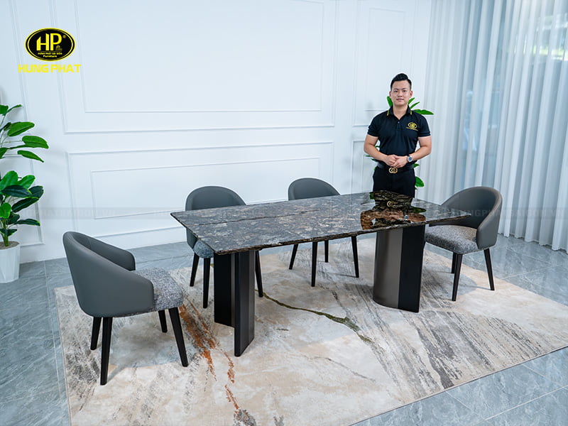 bàn ăn 6 ghế chân thép mặt đá 6137