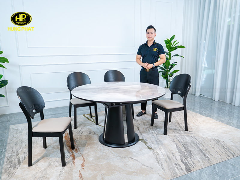 bàn tròn mở rộng mặt kính chân gỗ t-165