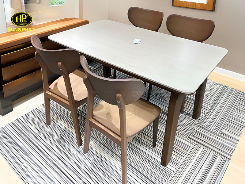 Bộ bàn ăn chữ nhật chân gỗ mặt bàn đá L119 