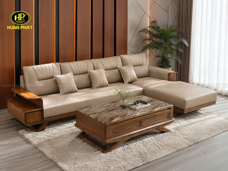 bộ ghê sofa gỗ sồi góc l bọc da microfiber cao cấp vt-107a