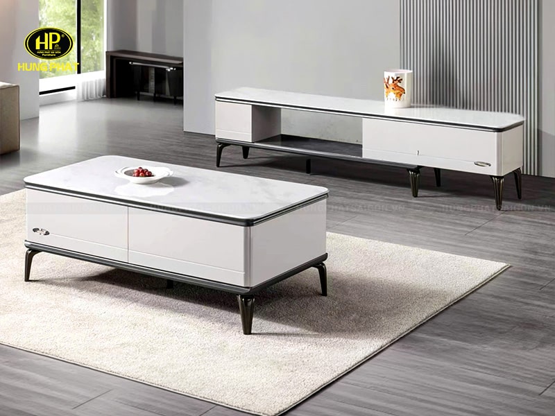 bàn sofa khung gỗ chân sắt mặt đá a16