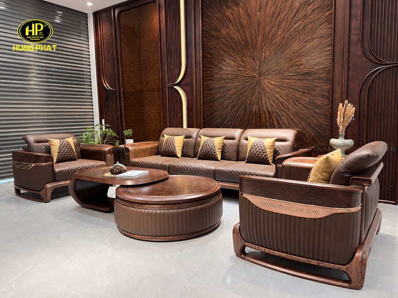 bộ ghế sofa gỗ sồi cao cấp bọc da sv-041
