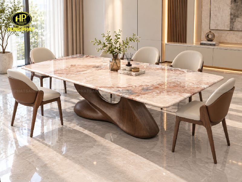 bàn ăn cơm mặt đá chân gỗ uốn lượn luxury ba-2086